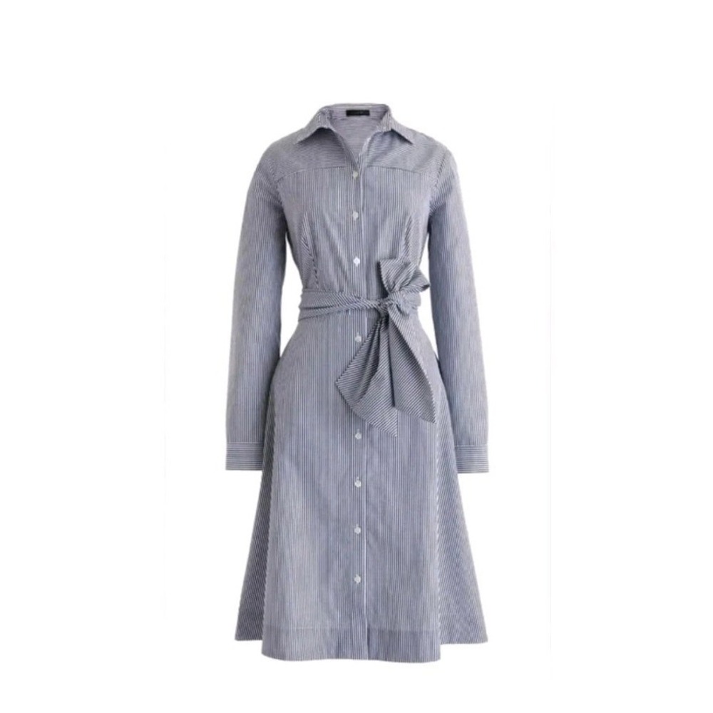 J.Crew Striped Button Down‎ Belted Shirt Dress Womens 8 Navy White Cotton